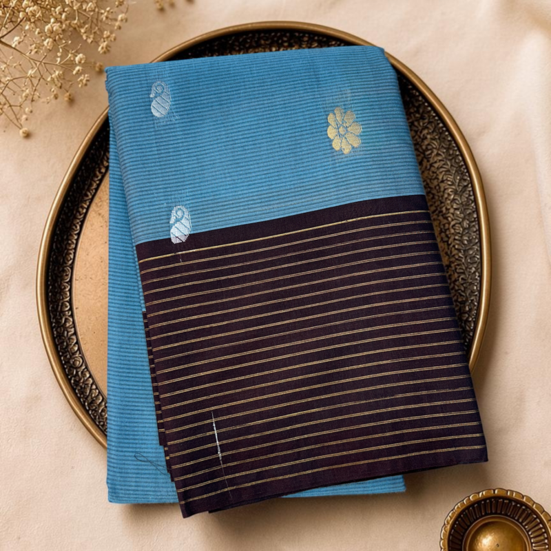 Sky Blue Brown Sico Gadwal Cotton Silk Saree