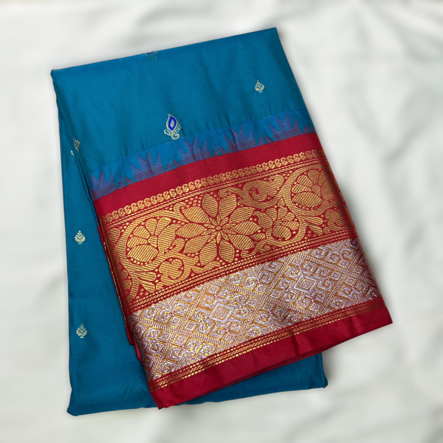 Teal Blue & Red Premium Semi Gadwal Saree