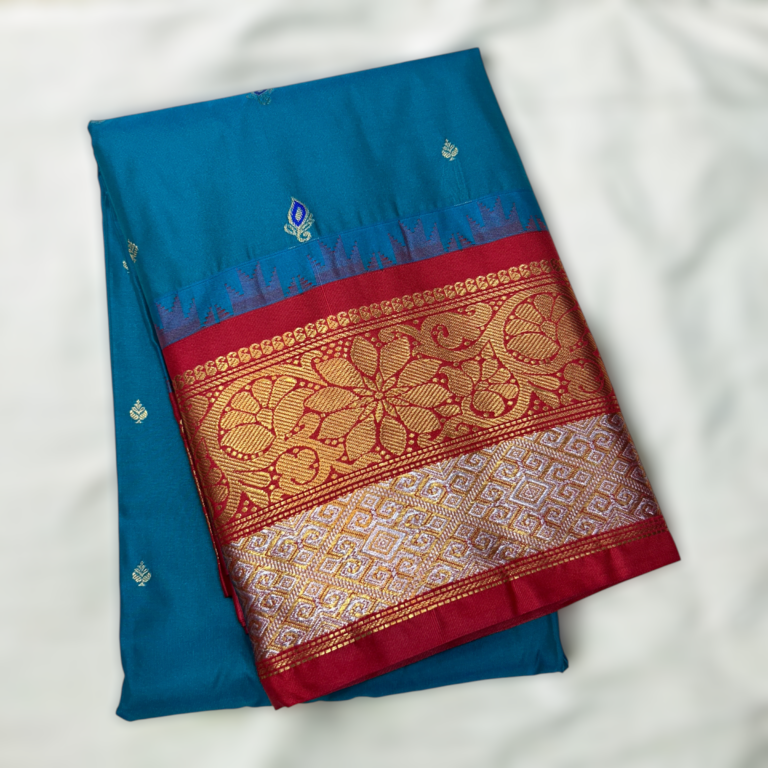 Teal Blue & Red Premium Semi Gadwal Saree