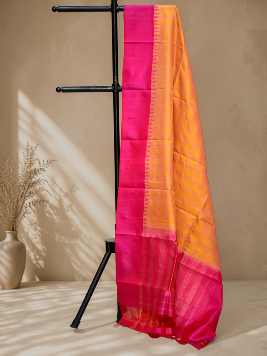 Peach Yellow Pure Silk Check Dupatta with Hot Pink Border
