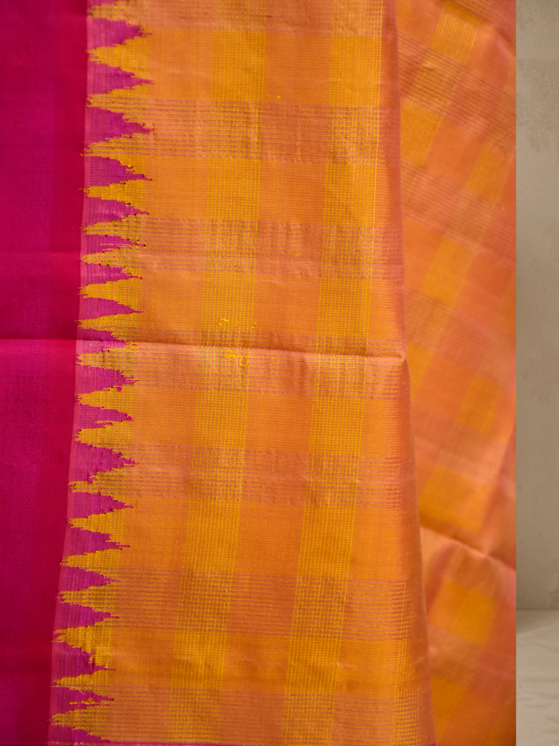 Peach Yellow Pure Silk Check Dupatta with Hot Pink Border