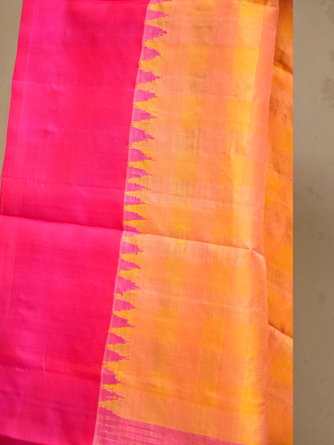 Peach Yellow Pure Silk Check Dupatta with Hot Pink Border