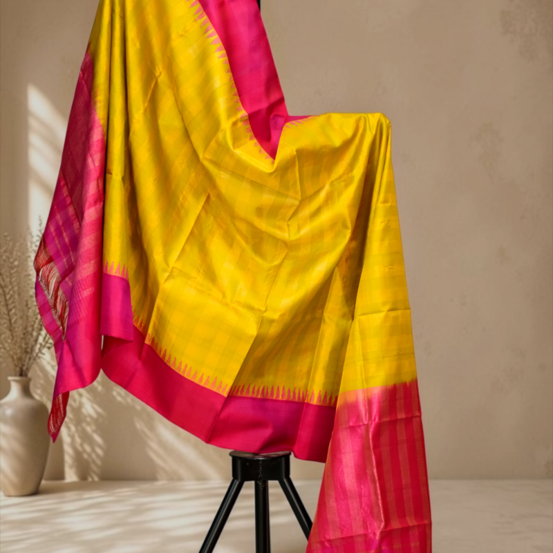 Bright Yellow Magenta Checked Handloom Silk Dupatta