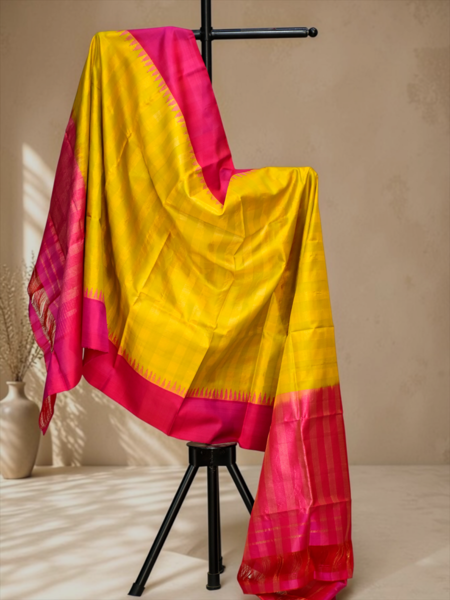 Bright Yellow Magenta Checked Handloom Silk Dupatta