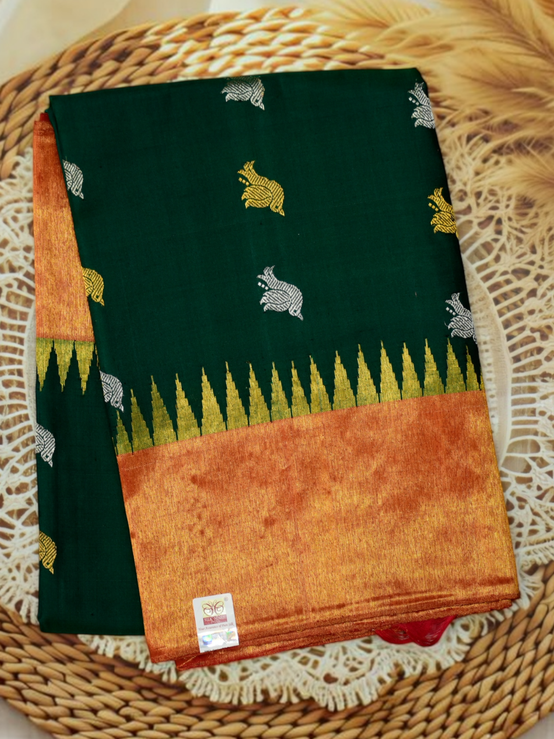 Bottle Green Pure Silk Handloom Dupatta with Rust Tissue Temple Border and Bird Butta