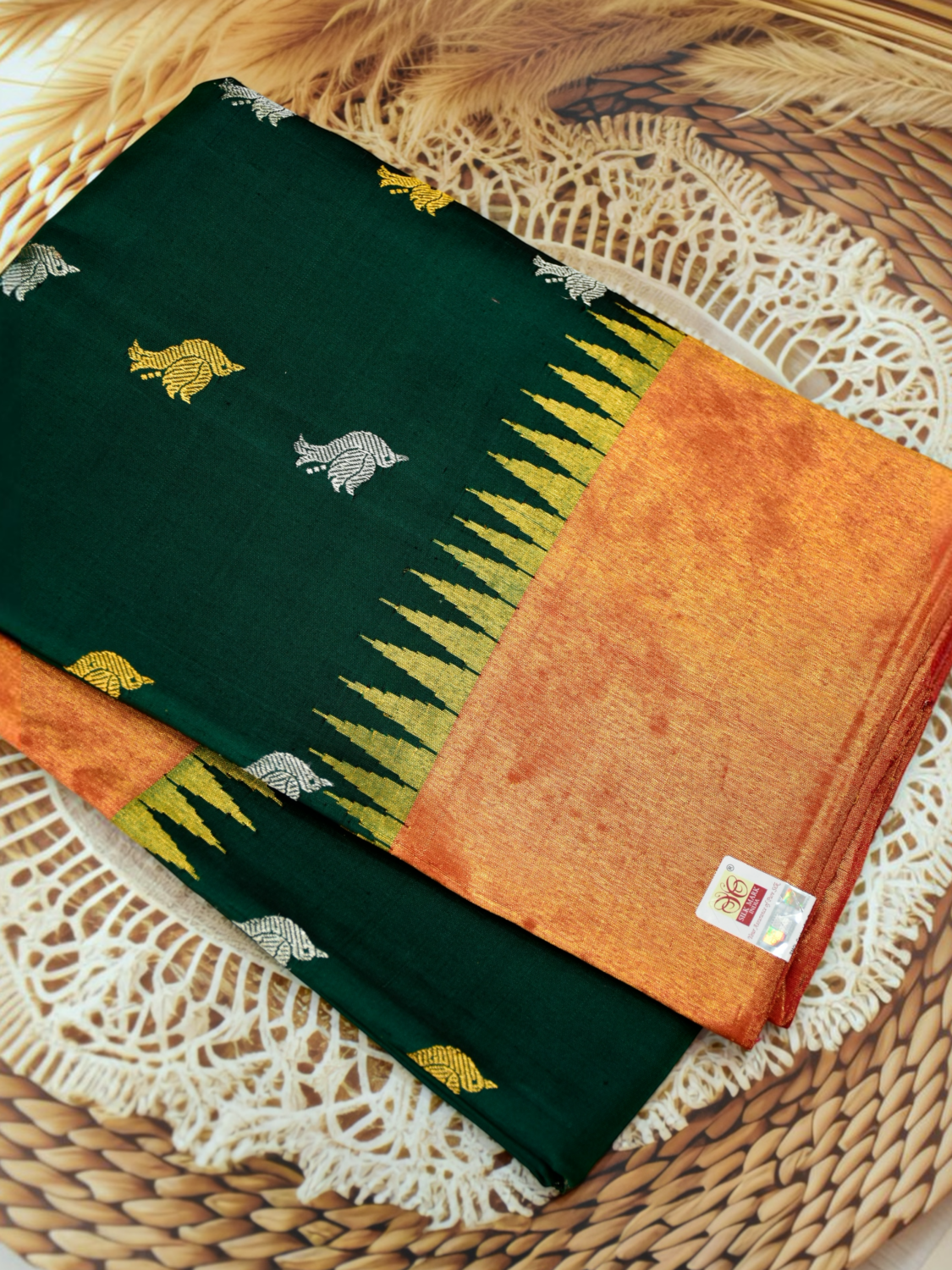 Bottle Green Pure Silk Handloom Dupatta with Rust Tissue Temple Border and Bird Butta