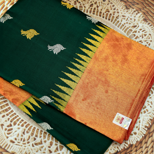 Bottle Green Pure Silk Handloom Dupatta with Rust Tissue Temple Border and Bird Butta