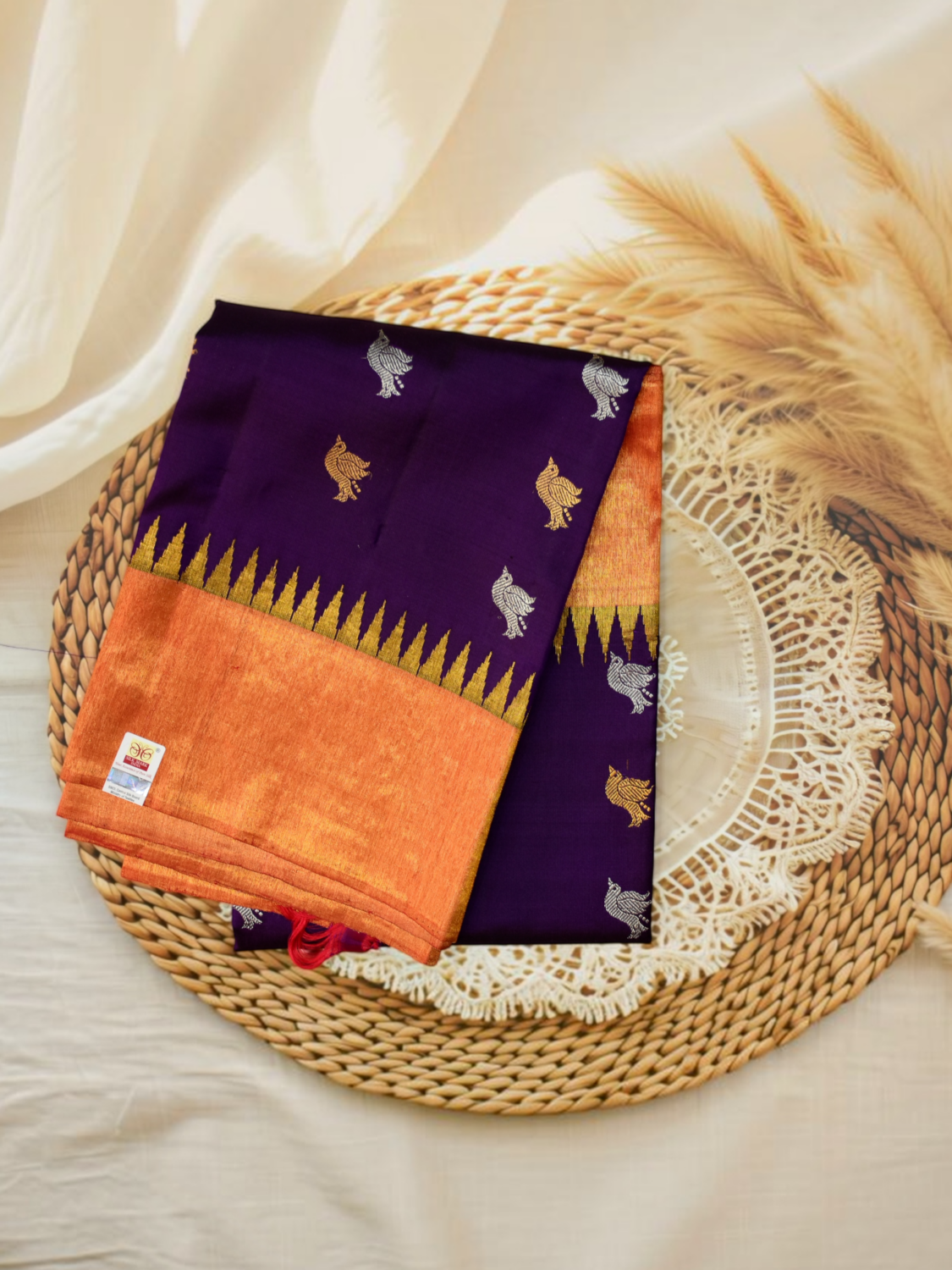 Royal Purple Pure Silk Handloom Dupatta with Orange Tissue Temple Border and Bird Butta