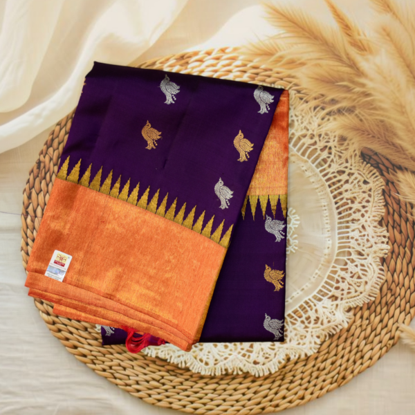 Royal Purple Pure Silk Handloom Dupatta with Orange Tissue Temple Border and Bird Butta