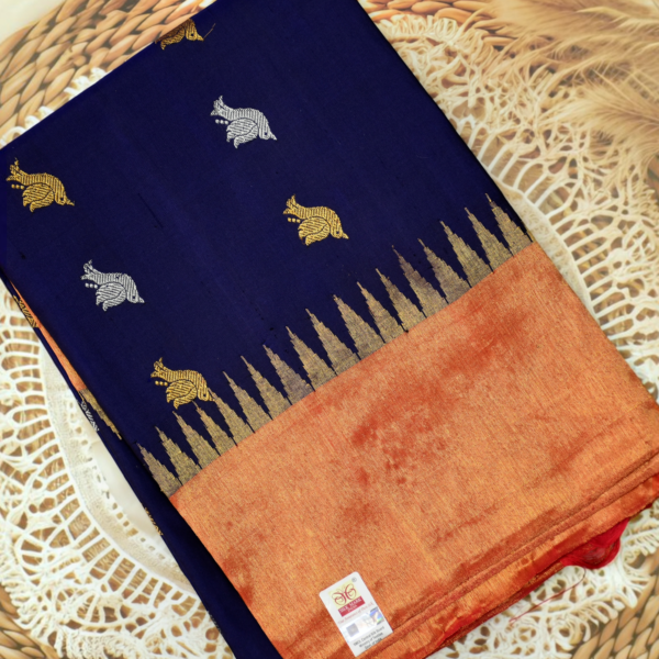 Royal Navy Blue Pure Silk Handloom Dupatta with Copper Tissue Kuttu Border and Peacock Butta