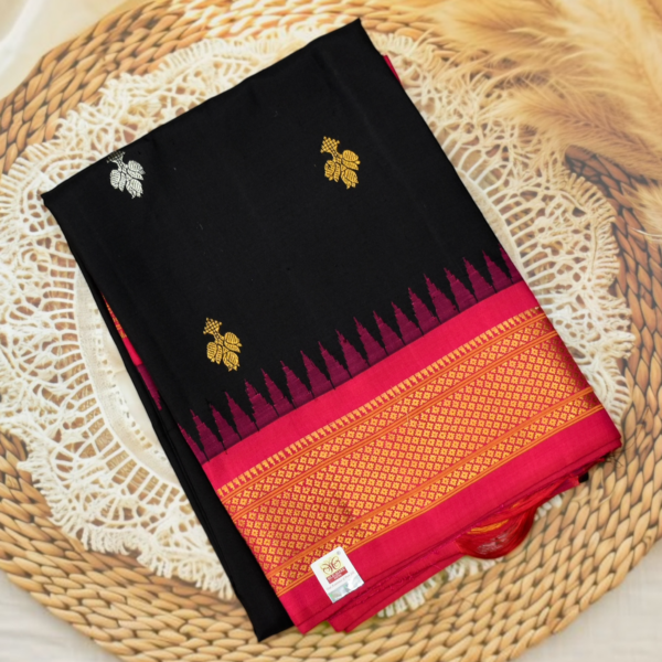 Midnight Black Pure Silk Handloom Dupatta with Rani Pink Temple Border and Leaf Butta