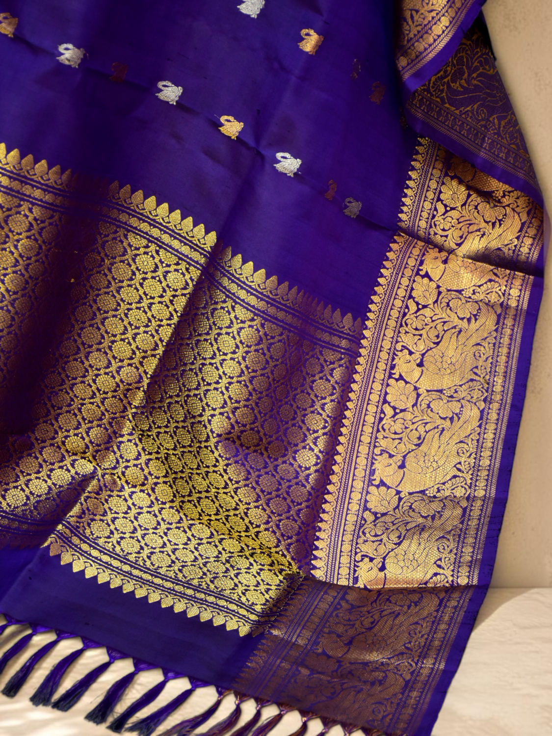 Royal Blue Pure Silk Handloom Dupatta with Wide Traditional Gadwal Border and Floral Butta