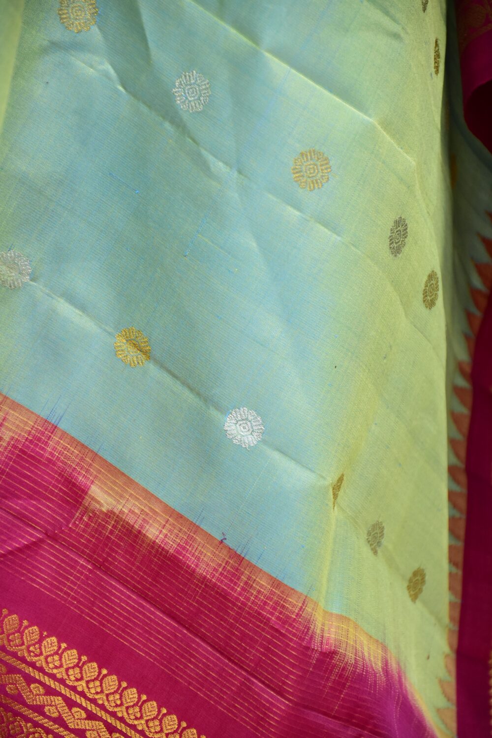 Sea Green Pure Silk Handloom Dupatta with Magenta Kuttu Border and Coin Butta
