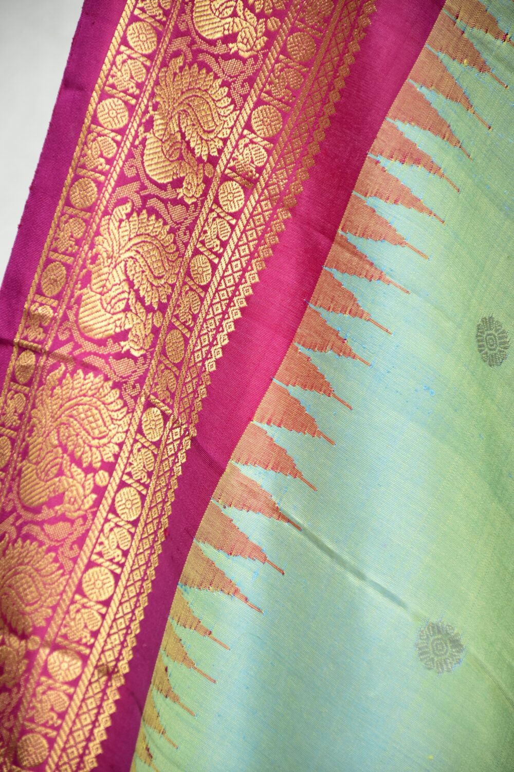 Sea Green Pure Silk Handloom Dupatta with Magenta Kuttu Border and Coin Butta