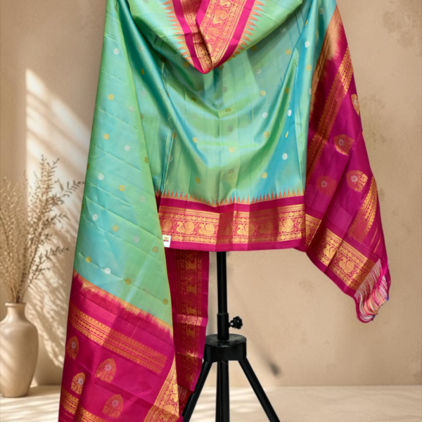 Sea Green Pure Silk Handloom Dupatta with Magenta Kuttu Border and Coin Butta