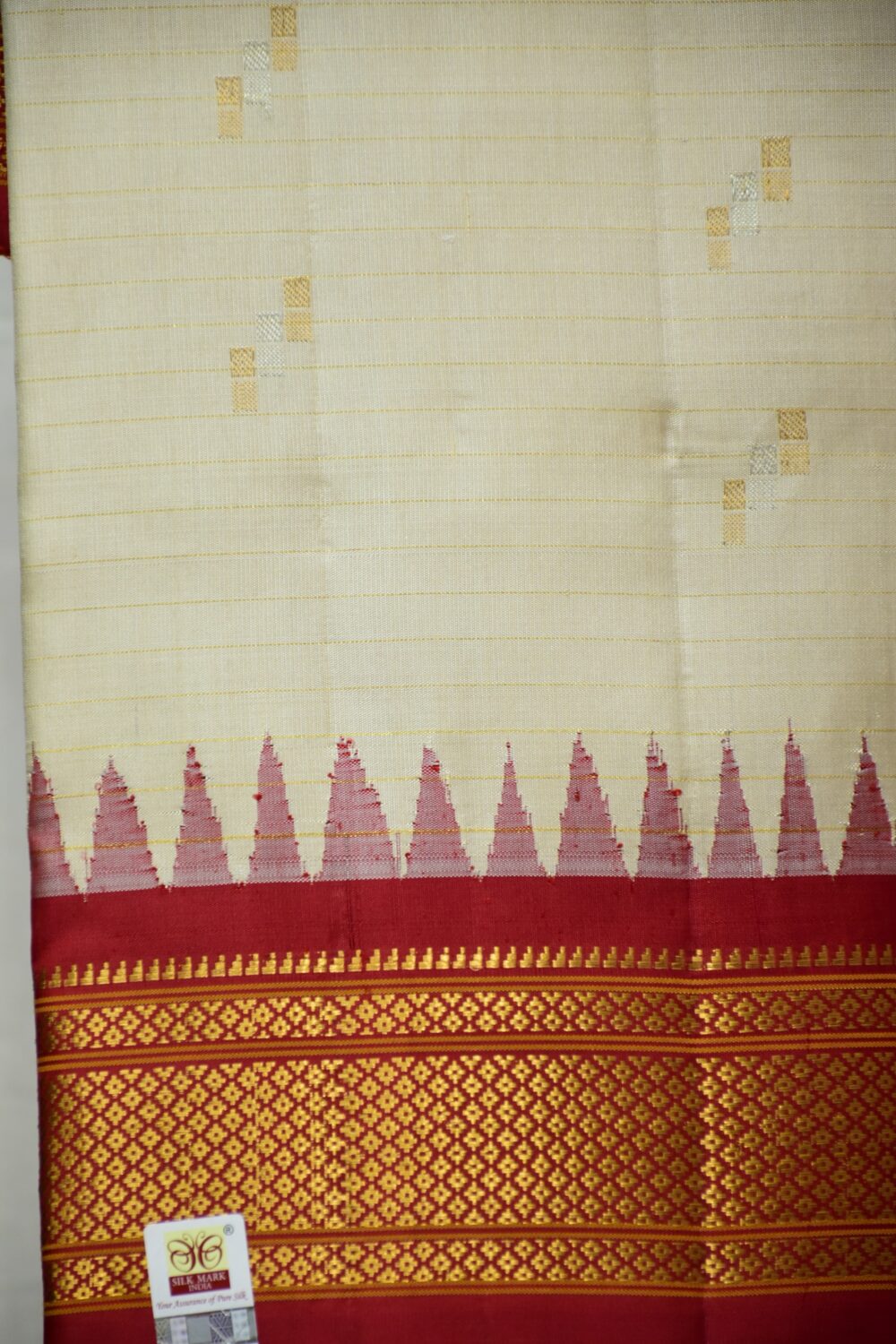 Ivory Pure Silk Handloom Dupatta with Red Temple Kuttu Border and Geometric Butta