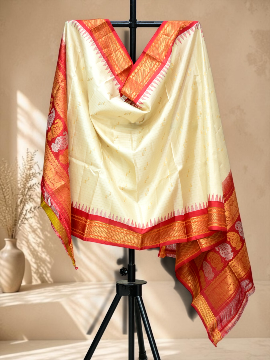 Ivory Pure Silk Handloom Dupatta with Red Temple Kuttu Border and Geometric Butta