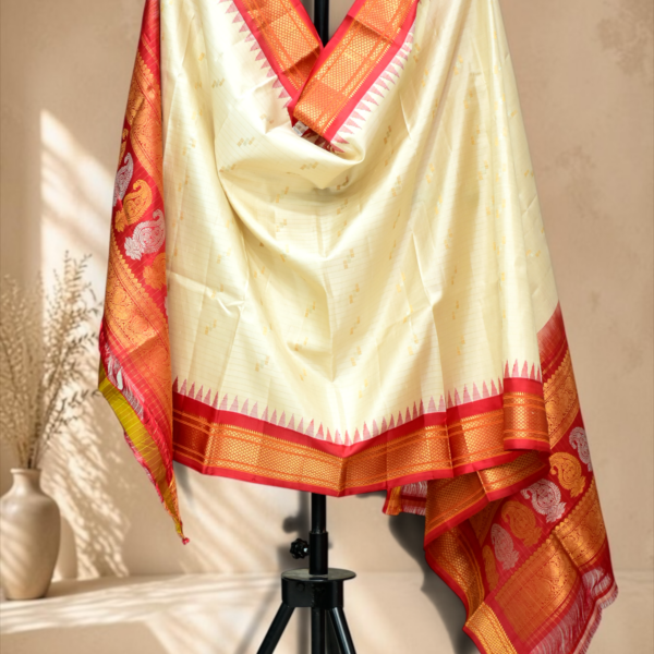 Ivory Pure Silk Handloom Dupatta with Red Temple Kuttu Border and Geometric Butta