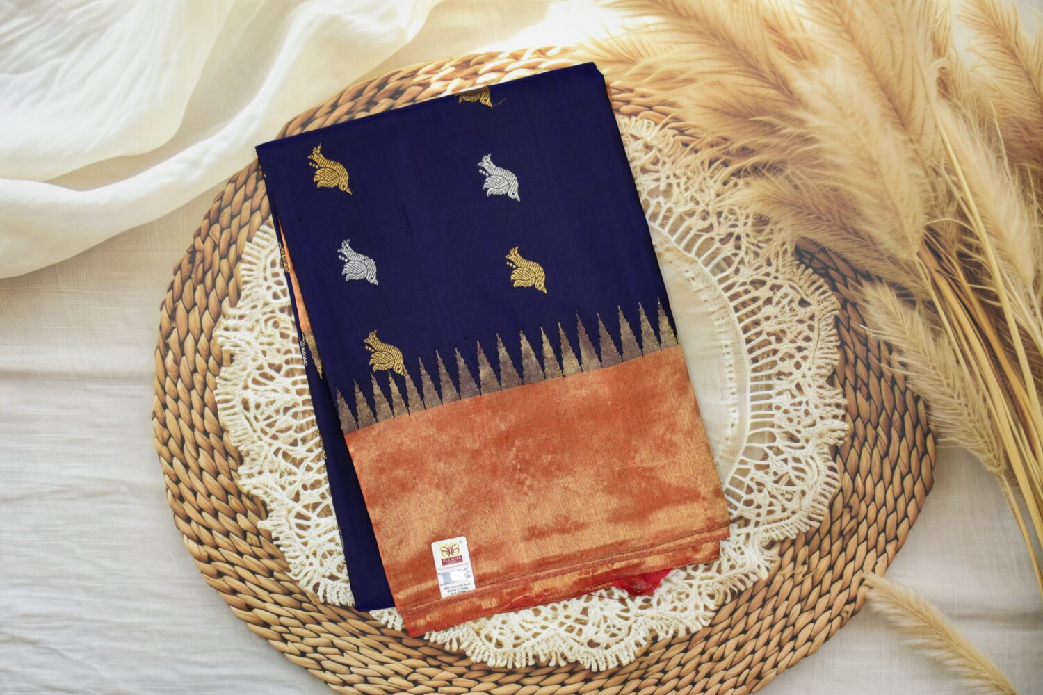 Royal Navy Blue Pure Silk Handloom Dupatta with Copper Tissue Kuttu Border and Peacock Butta