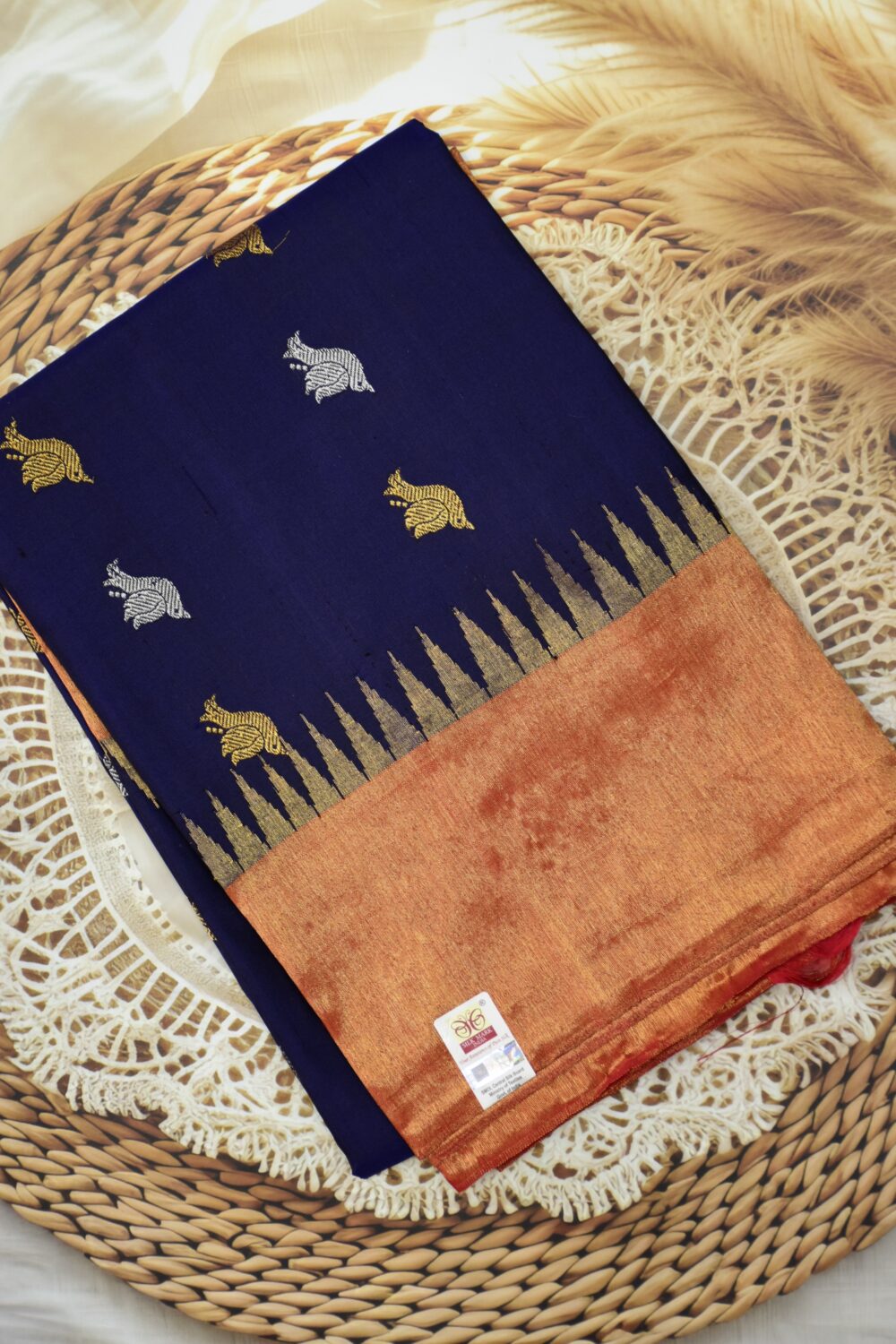 Royal Navy Blue Pure Silk Handloom Dupatta with Copper Tissue Kuttu Border and Peacock Butta