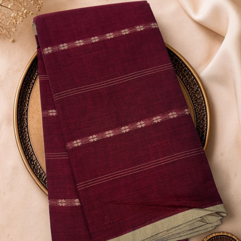 Maroon Wine Grey Mercerised Pure Cotton Gadwal Saree