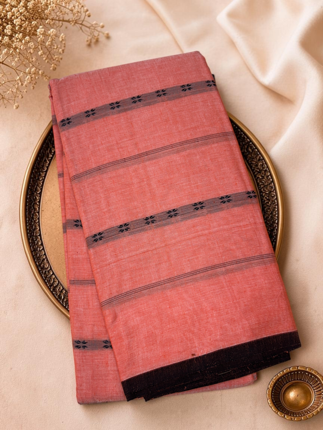 Peach Salmon Brown Mercerised Pure Cotton Gadwal Saree