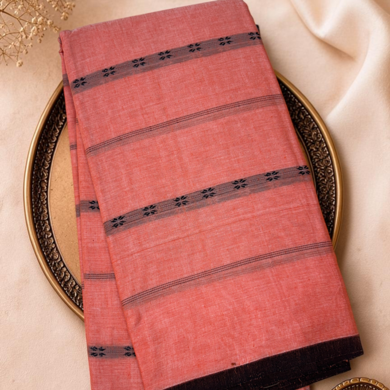 Peach Salmon Brown Mercerised Pure Cotton Gadwal Saree