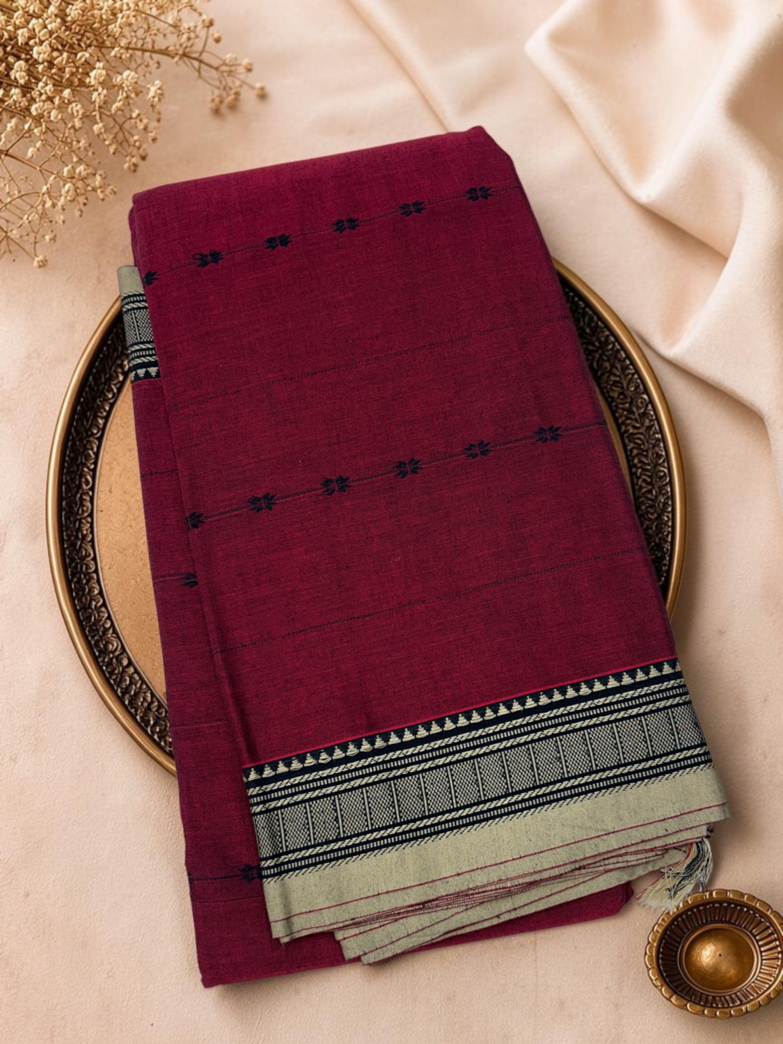 Rani Pink Beige Mercerised Pure Cotton Gadwal Saree