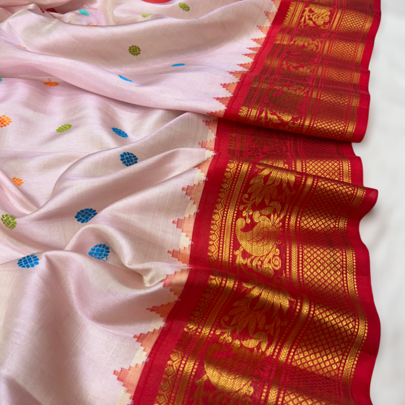 Baby Pink Pure Handloom Silk Gadwal Saree with Red Kuttu Border & Multicolor Butta