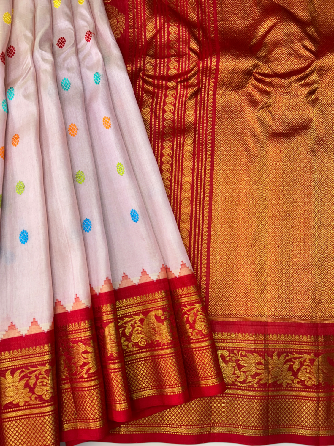 Baby Pink Pure Handloom Silk Gadwal Saree with Red Kuttu Border & Multicolor Butta