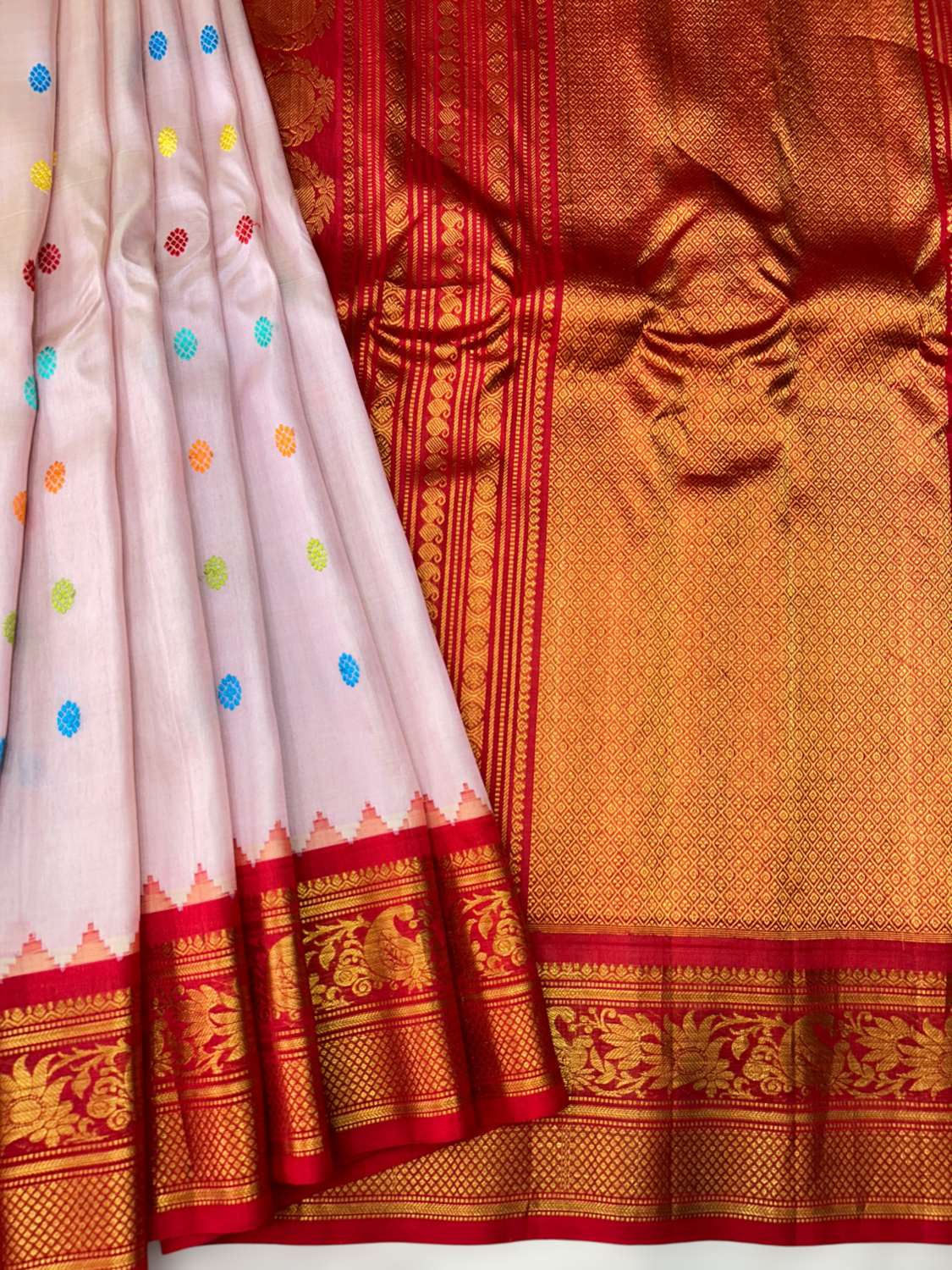 Baby Pink Pure Handloom Silk Gadwal Saree with Red Kuttu Border & Multicolor Butta