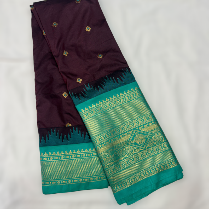 Dark Purple Teal Temple Semi Gadwal Saree