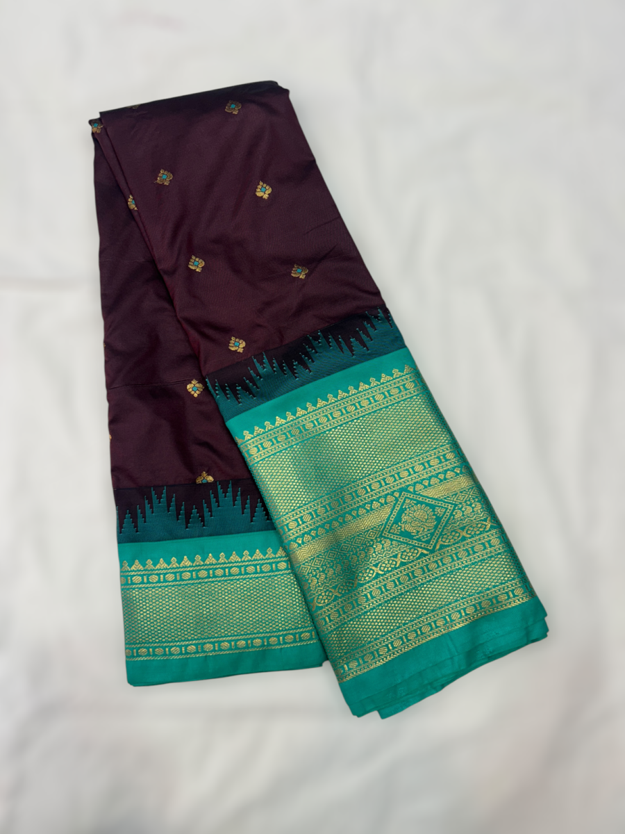 Dark Purple Teal Temple Semi Gadwal Saree