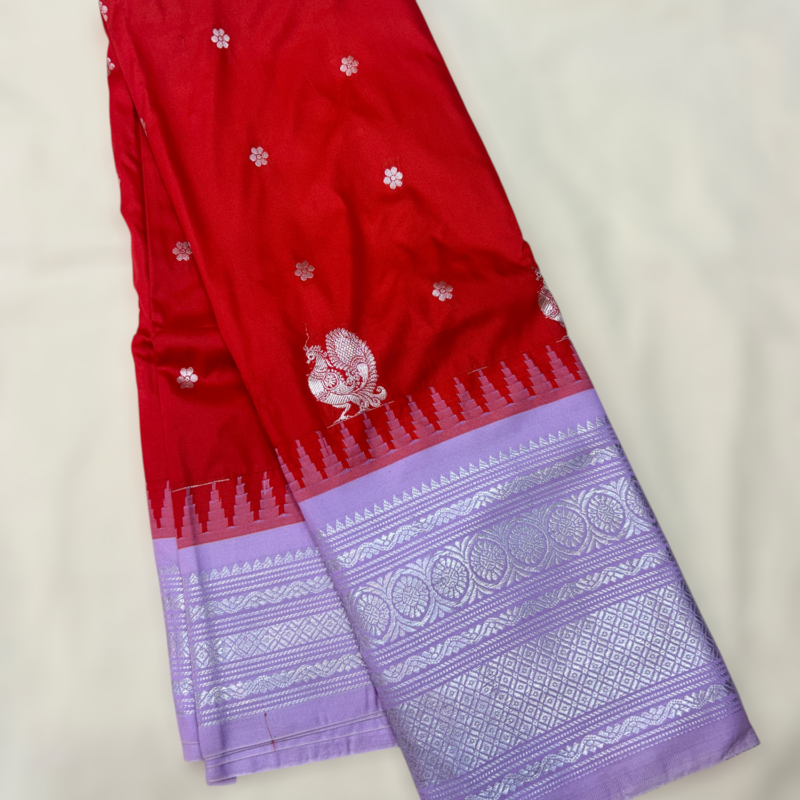 Bright Red Purple Rooster Semi Gadwal Saree