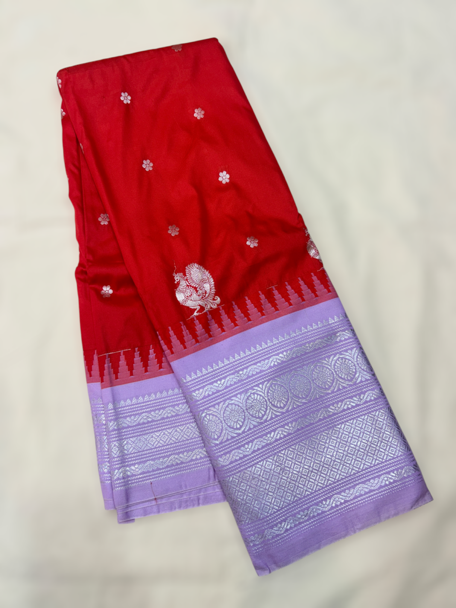 Bright Red Purple Rooster Semi Gadwal Saree