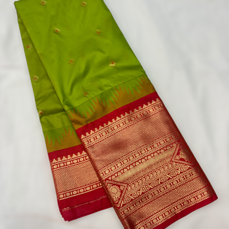 Lime Green Red Temple Semi Gadwal Saree