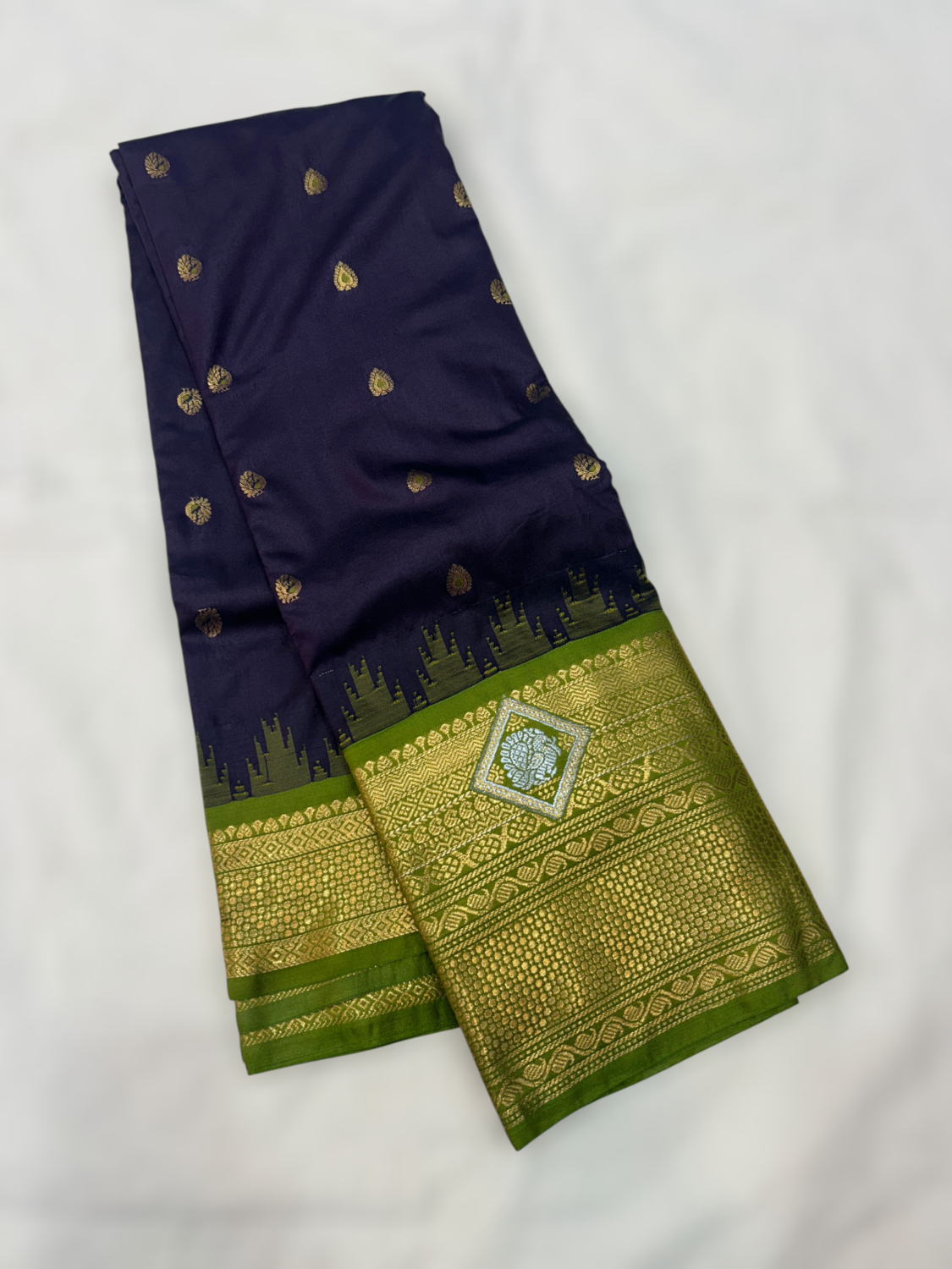 Navy Blue Lime Green Temple Semi Gadwal Saree