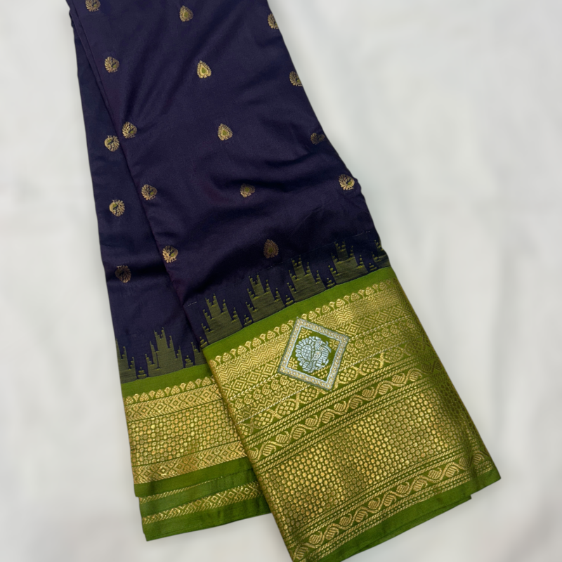 Navy Blue Lime Green Temple Semi Gadwal Saree