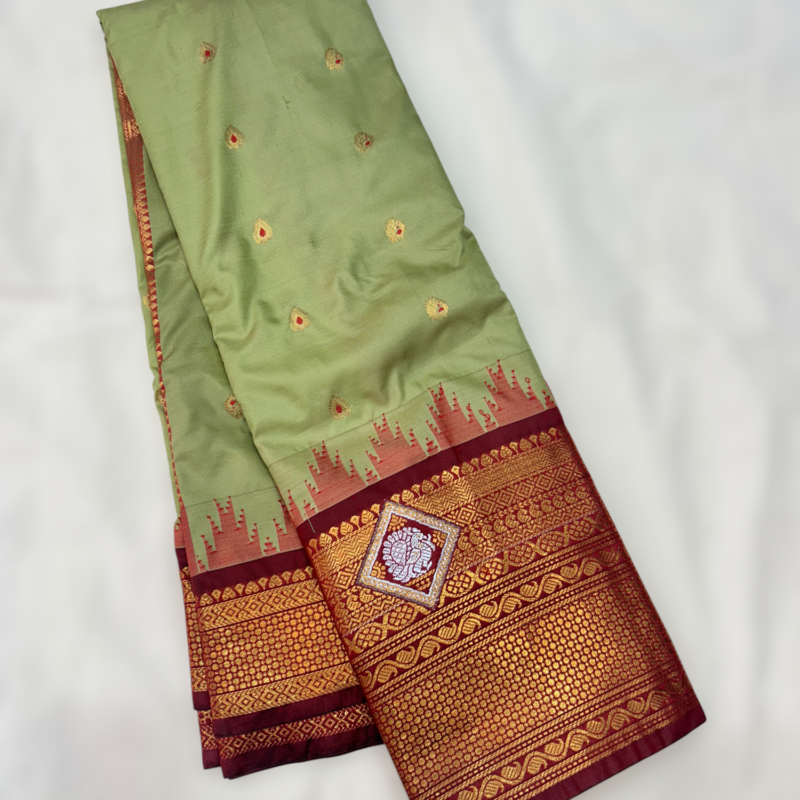 Light Green Maroon Temple Semi Gadwal Saree