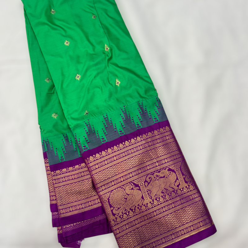 Bright Green Purple Parakeet Semi Gadwal Saree