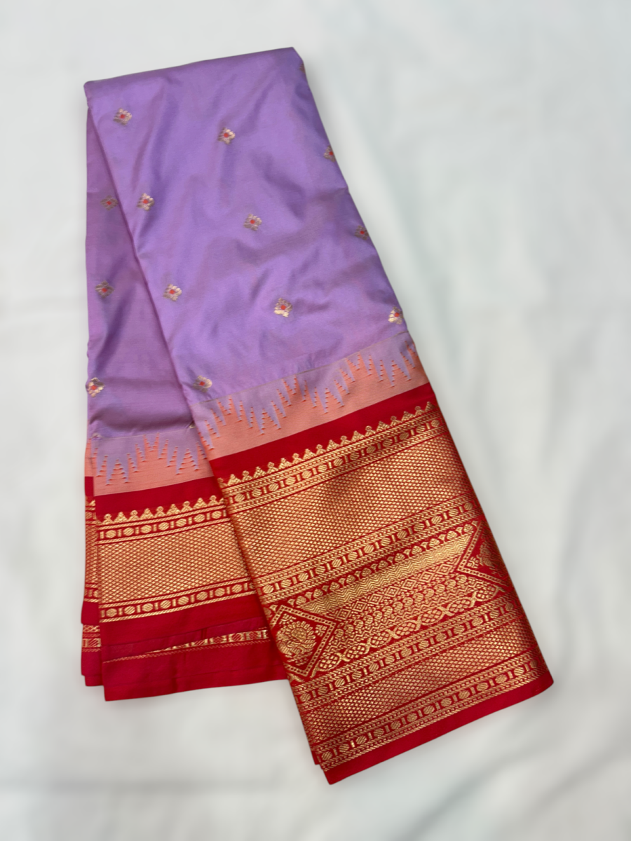 Lavender Coral Red Gold Semi Gadwal Saree