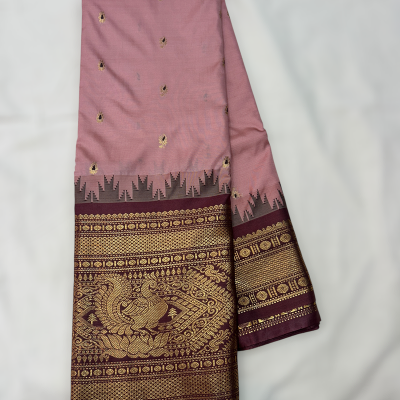Dusty Rose Maroon Temple Semi Gadwal Saree