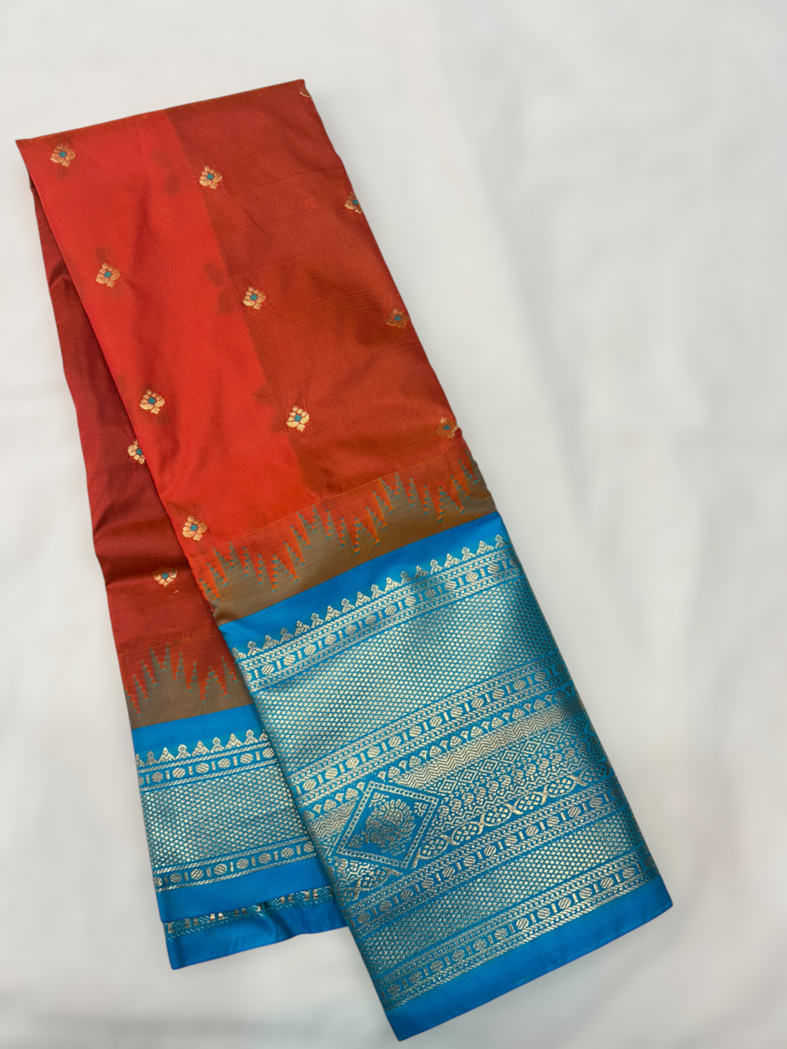 Orange Red Teal Temple Semi Gadwal Saree