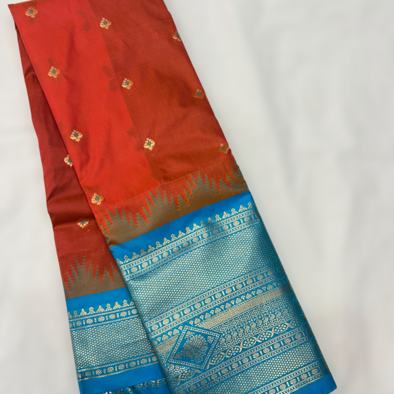 Orange Red Teal Temple Semi Gadwal Saree