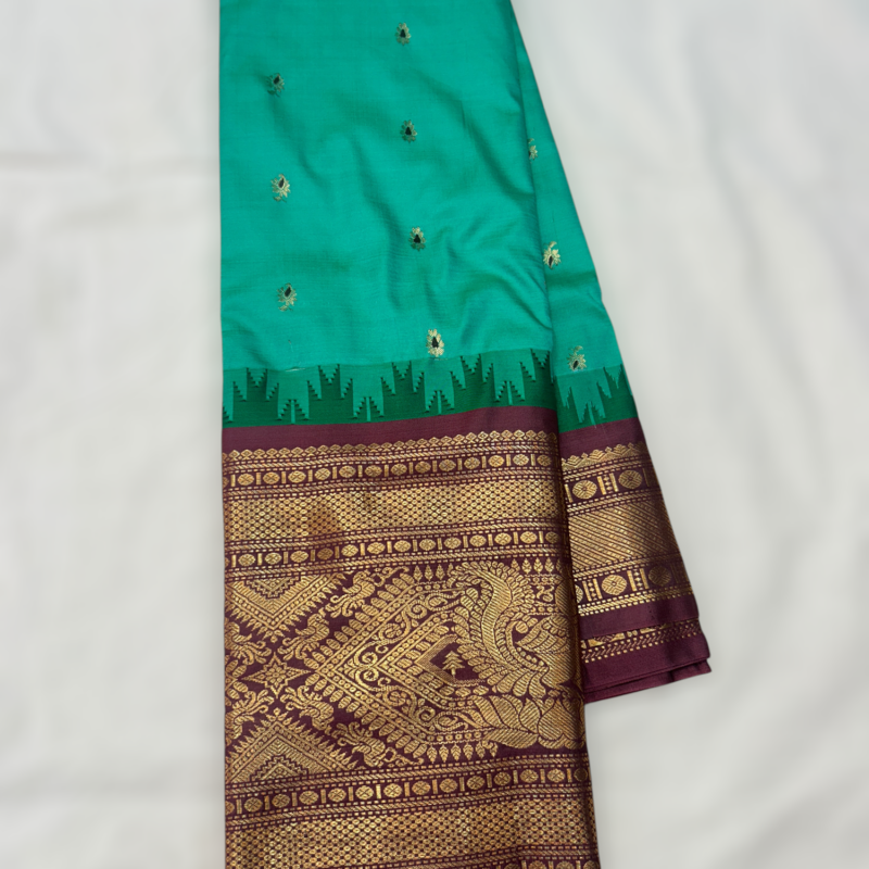 Teal Maroon Intricate Semi Gadwal Saree