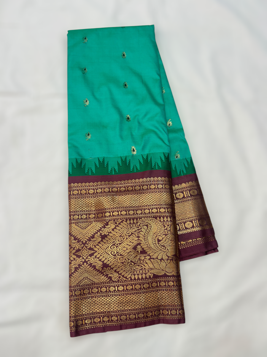 Teal Maroon Intricate Semi Gadwal Saree