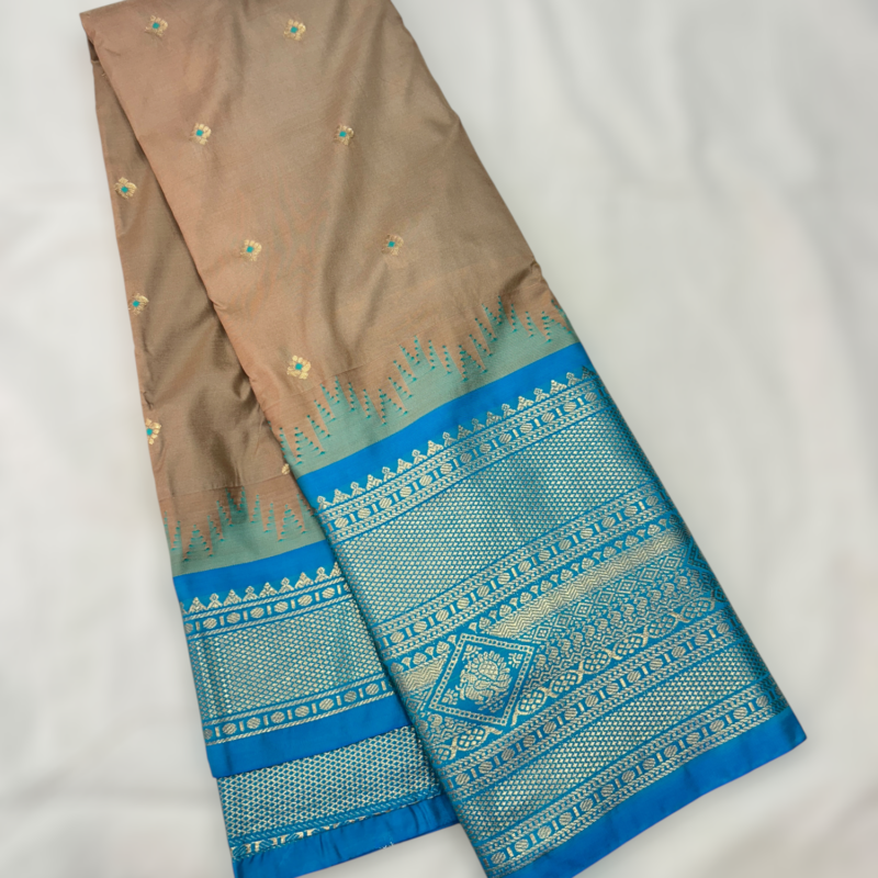 Beige Teal Blue Temple Semi Gadwal Saree