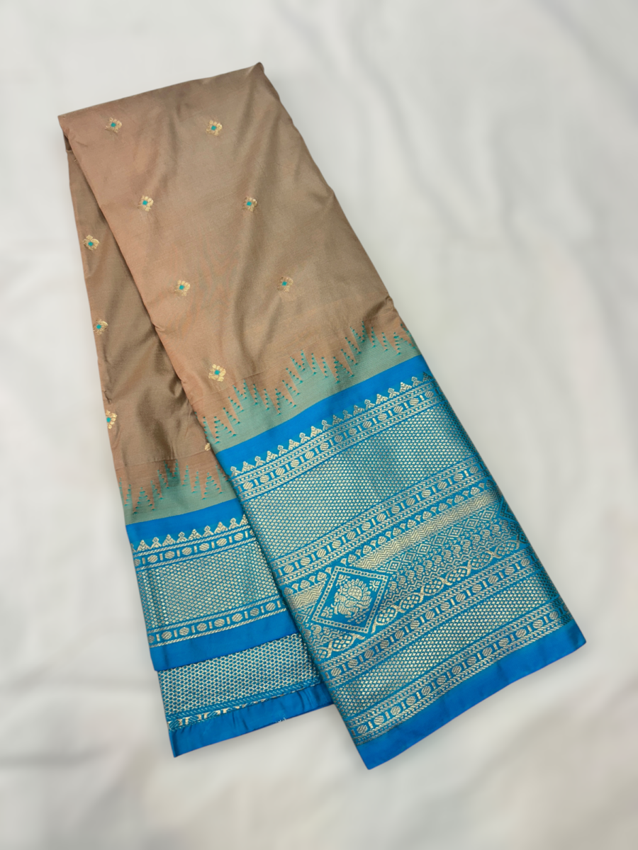 Beige Teal Blue Temple Semi Gadwal Saree
