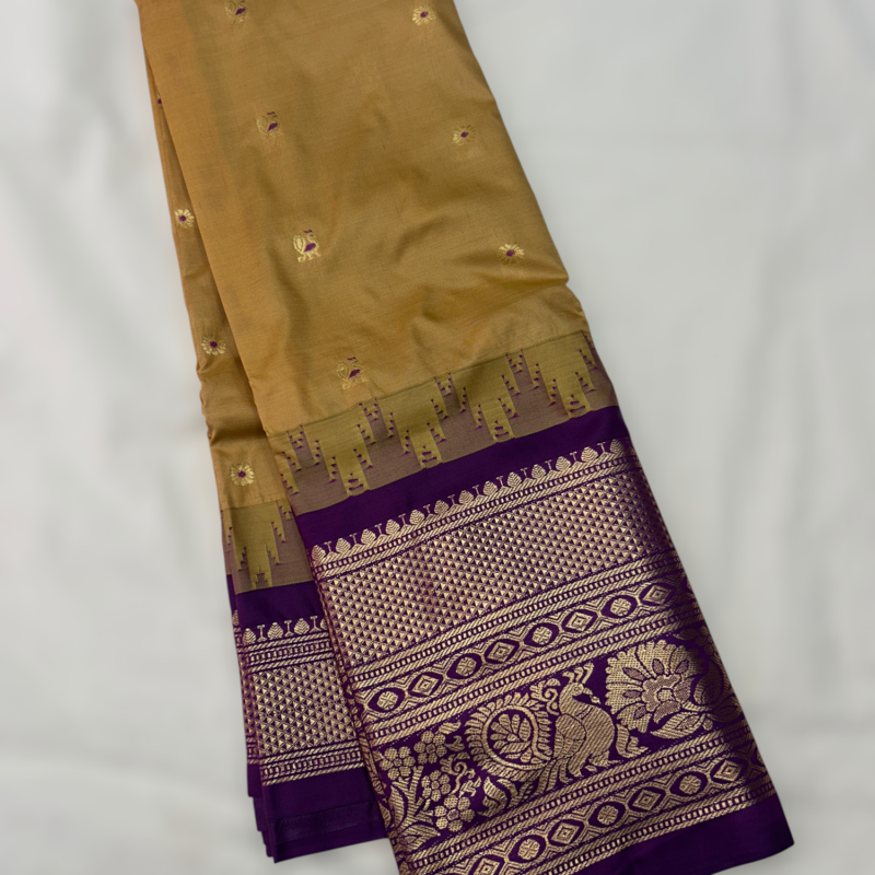 Golden Yellow Purple Animal Semi Gadwal Saree