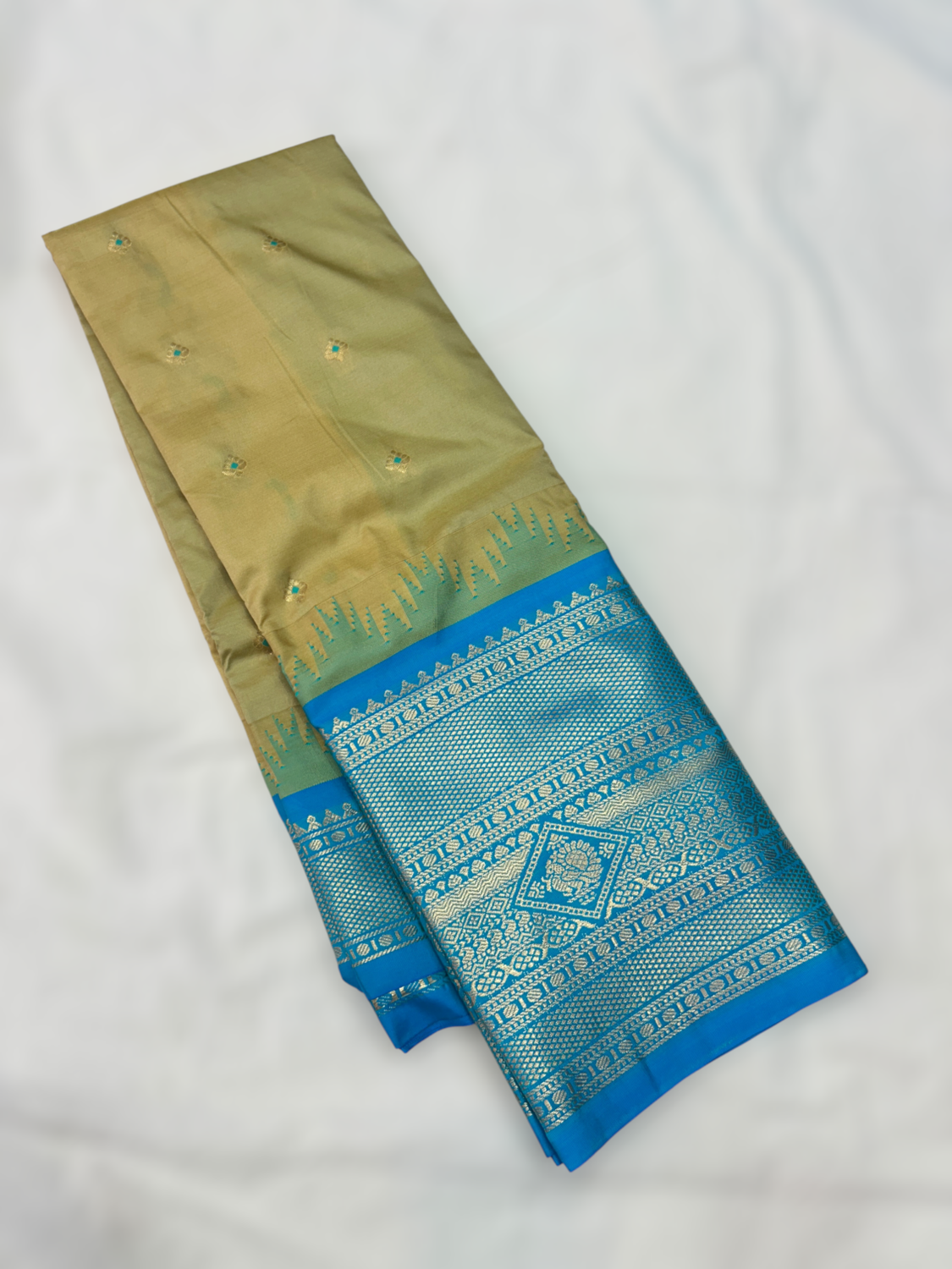 Olive Green Teal Blue Semi Gadwal Saree